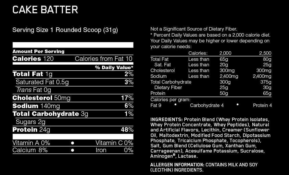 Nutritional label for Gold Standard Whey Protein Cake Batter flavor.