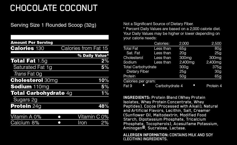 Nutritional facts for Gold Standard Chocolate Coconut flavor.