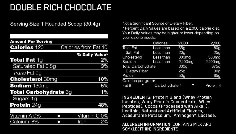 Nutritional label for Gold Standard Whey Protein Double Rich Chocolate flavor.