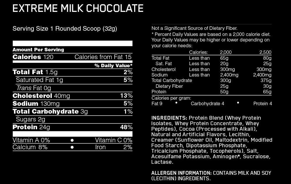 Nutritional label for Gold Standard Whey Protein Extreme Milk Chocolate flavor.