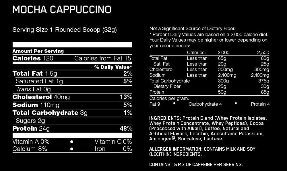 Nutritional label for Gold Standard Whey Protein Mocha Cappucino flavor.
