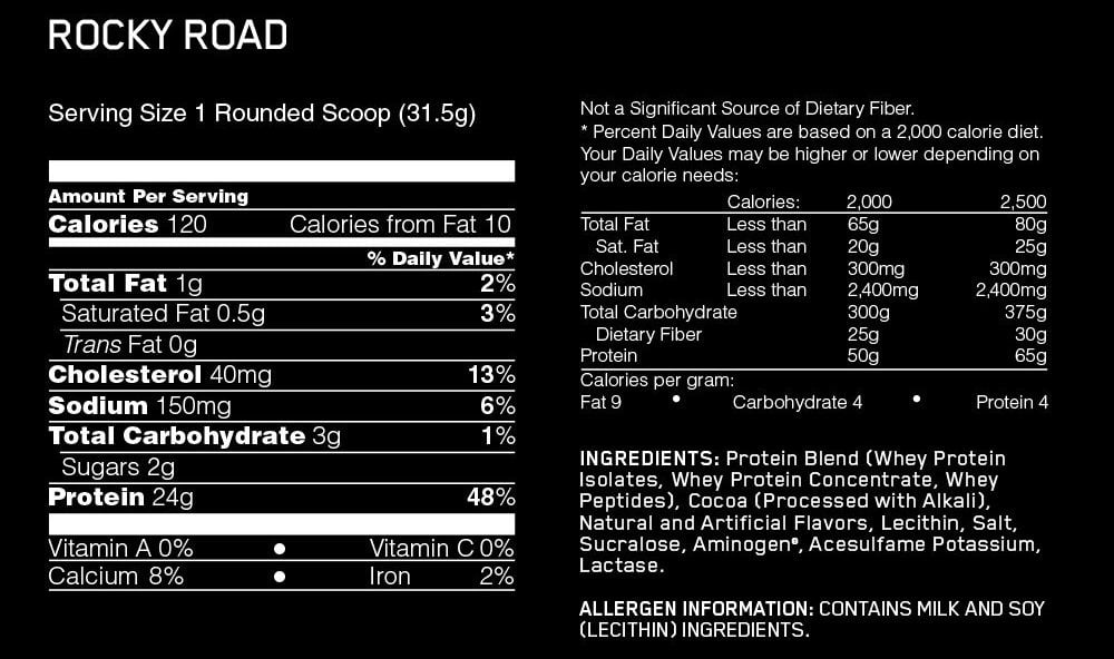 Nutritional label for Gold Standard Whey Protein Rocky Road flavor.