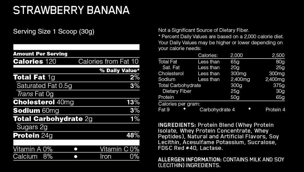 Nutritional label for Gold Standard Whey Protein Strawberry Banana flavor.