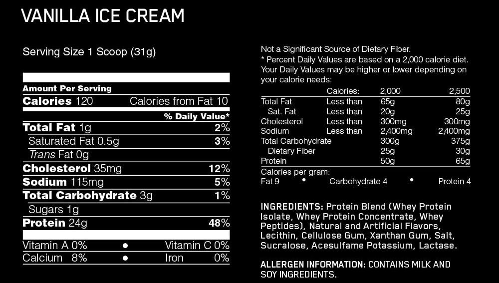 Nutritional label for Gold Standard Vanilla Ice Cream flavor.