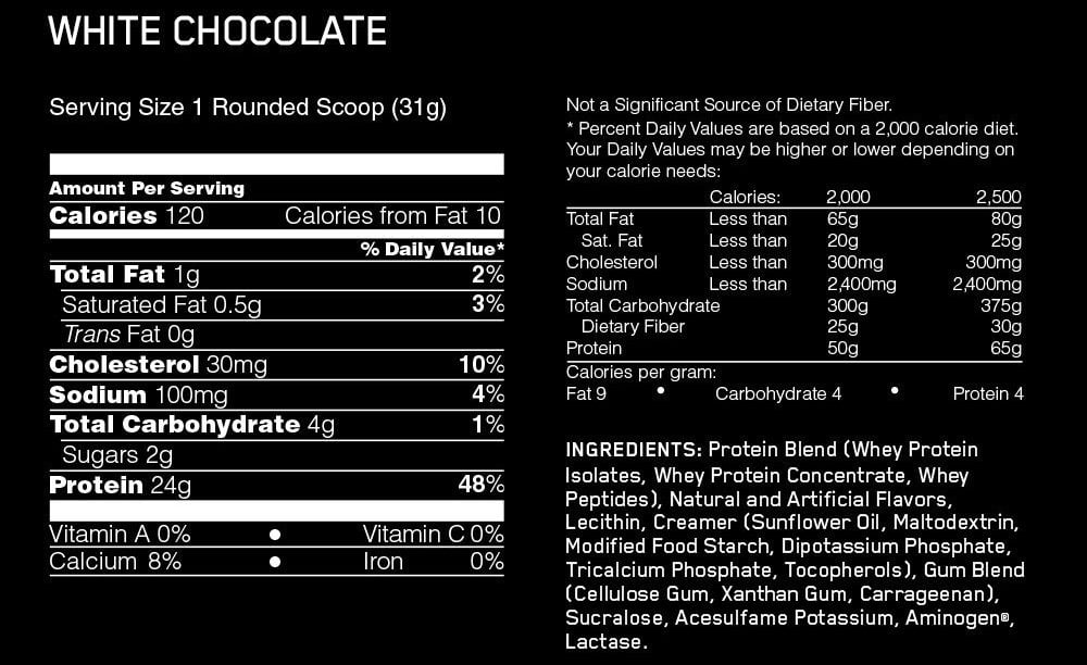 Nutritional label for Gold Standard Protein White Chocolate flavor.
