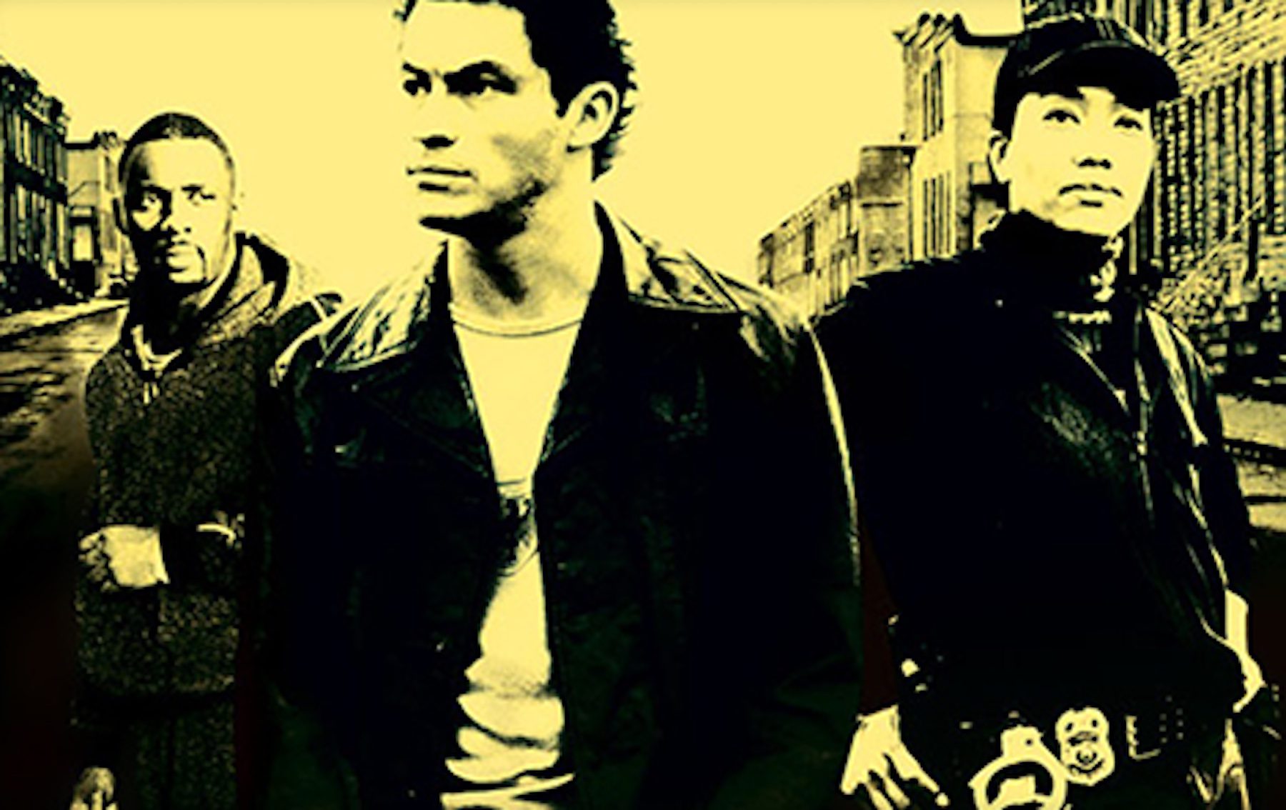 Yellow and black illustration of cast of The Wire against urban background. 