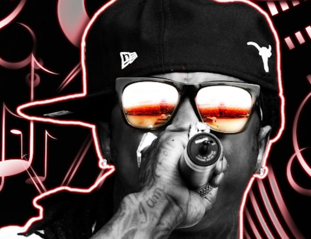 Artistic rendering of rapper Lil Wayne performing, holding a microphone and wearing sunglasses.