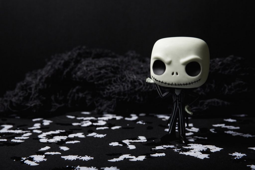 Toy of Jack Skellington on black and white background from The Nightmare Before Christmas movie.