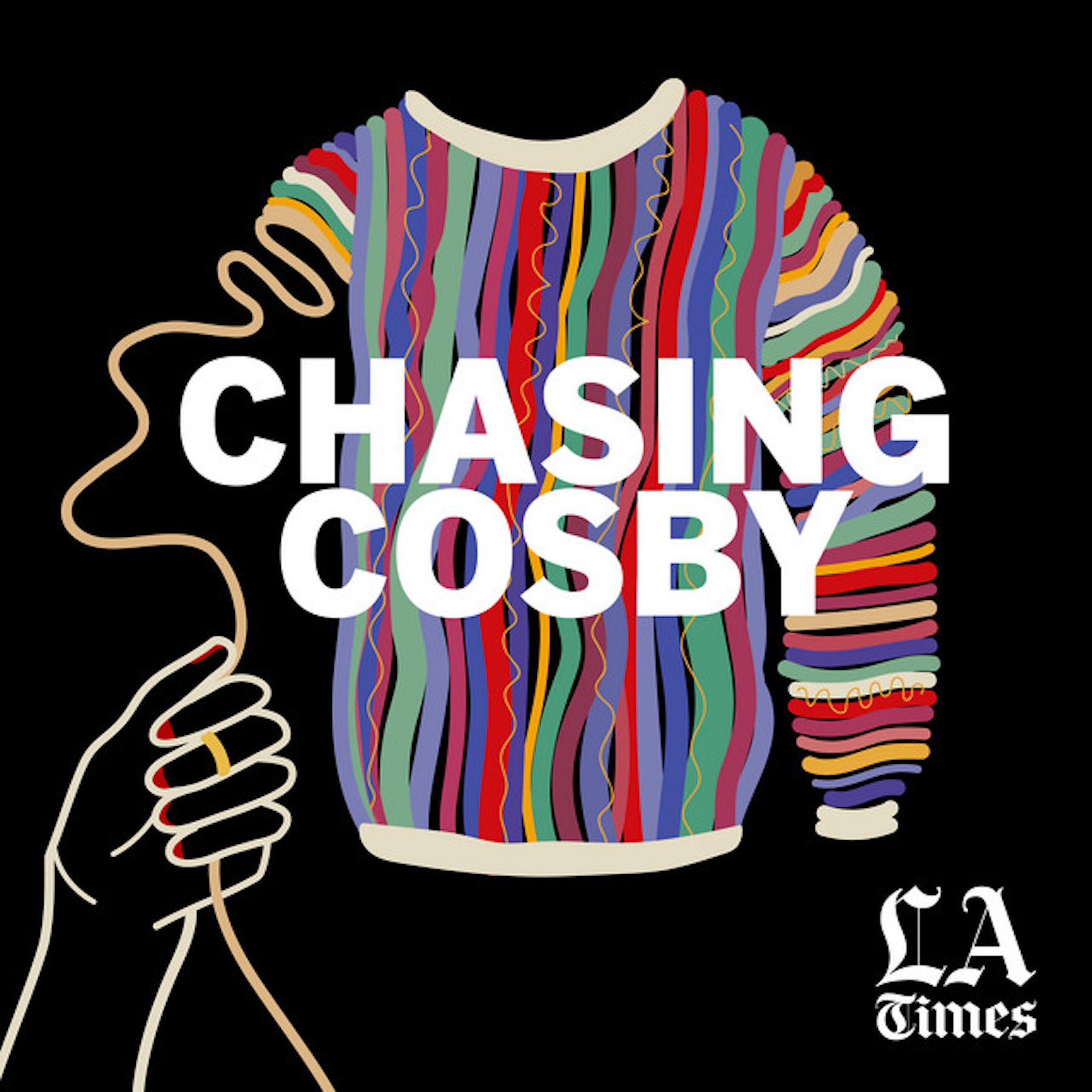 Chasing Cosby Podcast logo, a multi-colored sweater being unraveled against black background. 