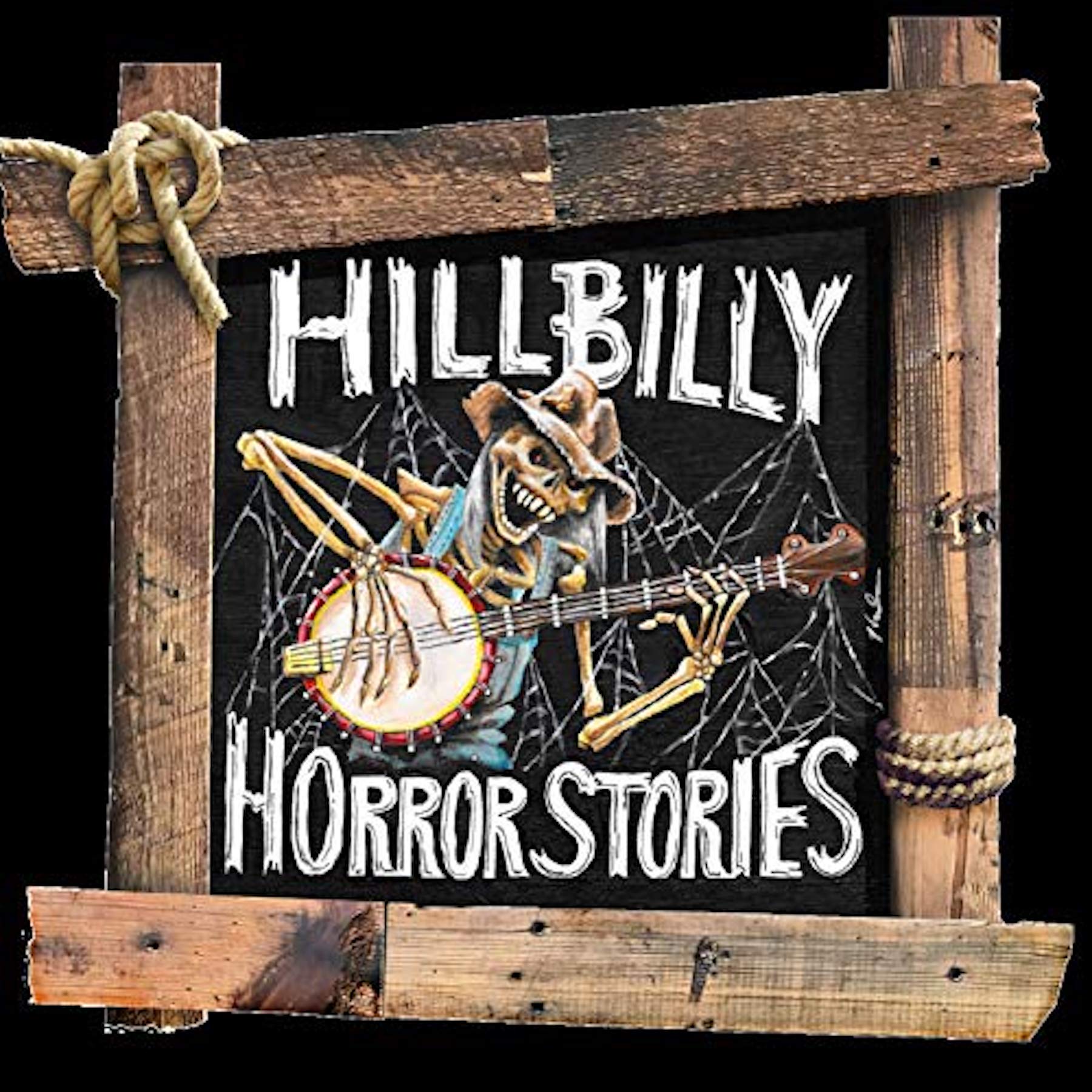 Hillbilly Horror Stories logo featuring a skeleton in overalls playing a banjo. 