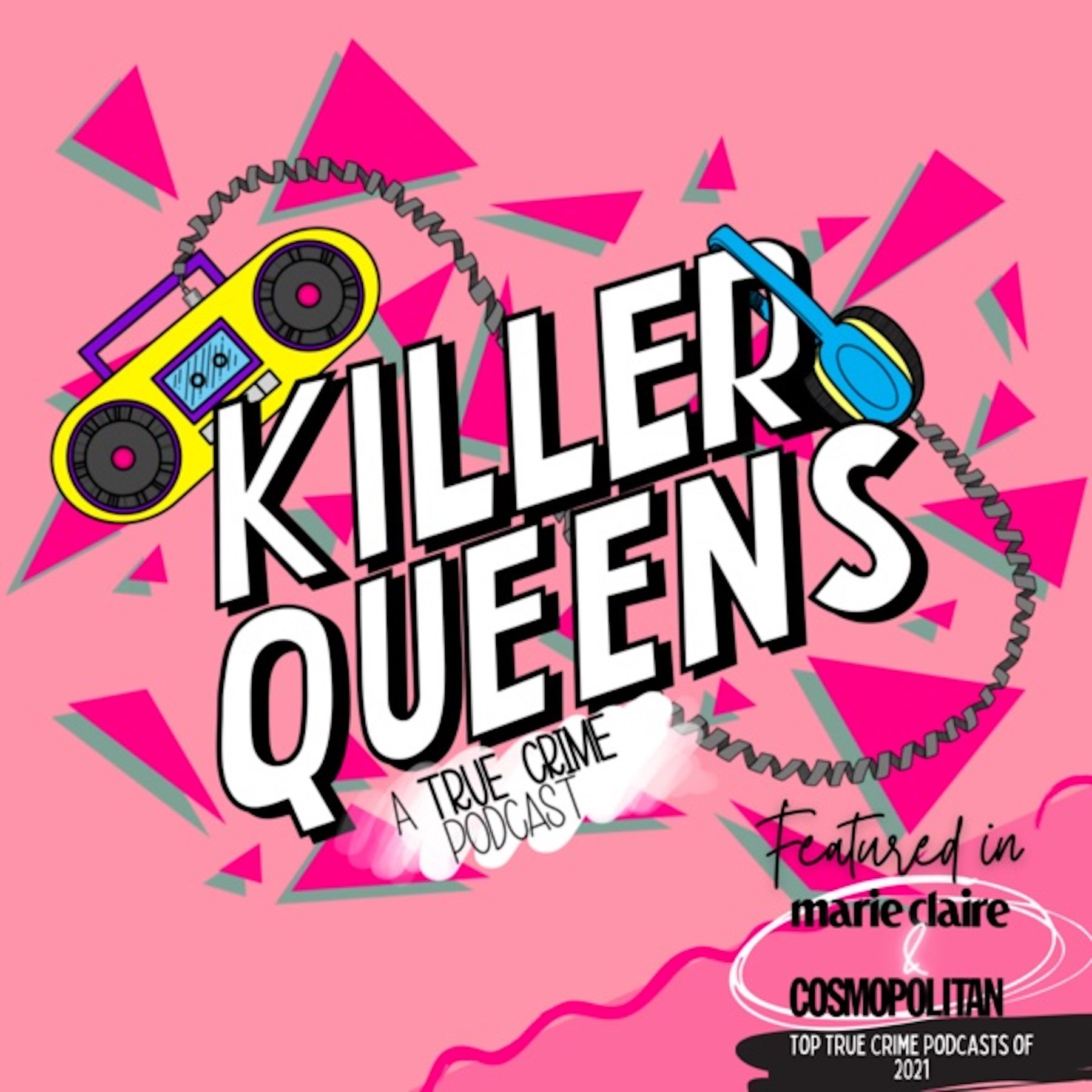 Killer Queens logo, 80s style pink abstract shapes and a yellow boombox.