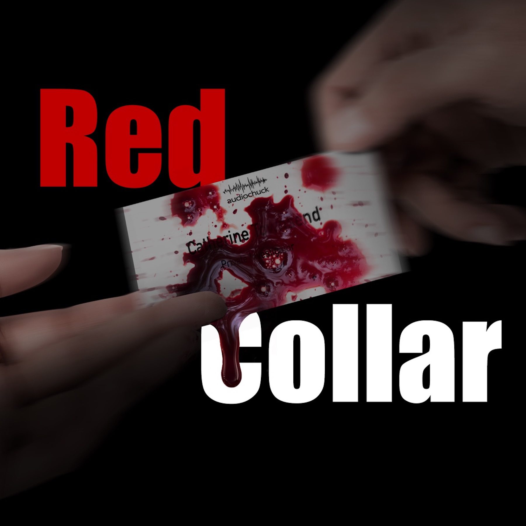 Red Collar Podcast logo, blood splattered on an ID tag. 