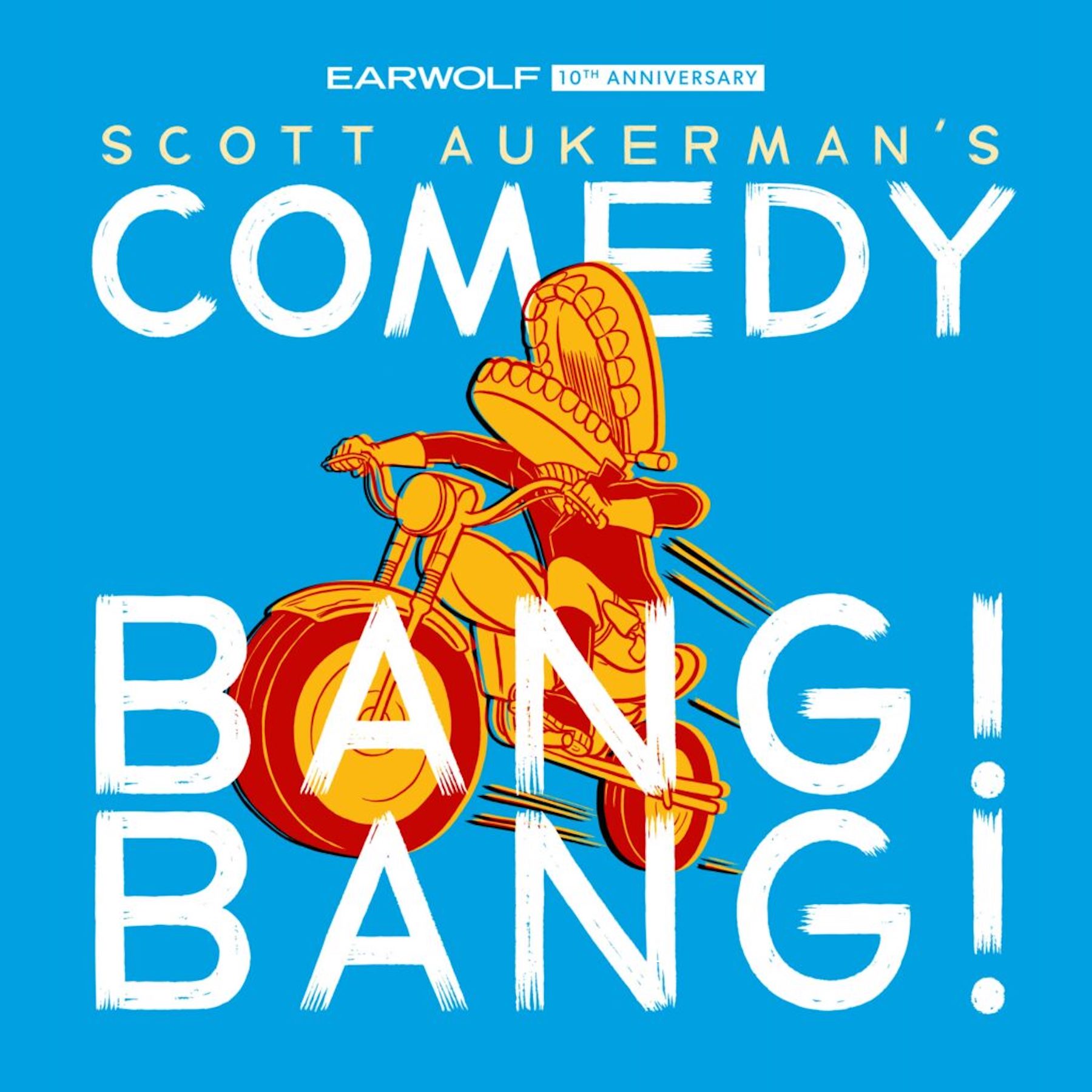 Logo for Comedy Bang Bang Podcast, blue, orange, and red with white text.