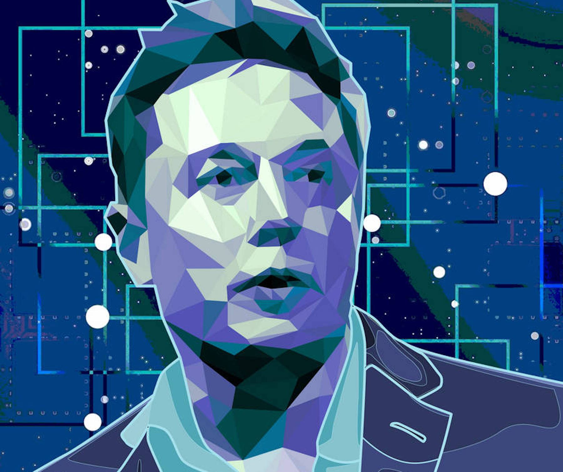 Elon Musk portrayed in color blocks of various shades of blue with abstract lines and dots in background.