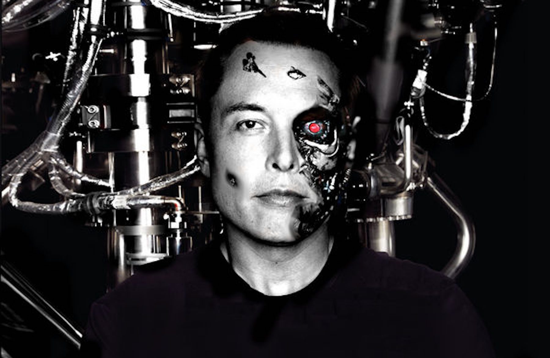 Elon Musk portrayed as a cyborg, black and white with a red robotic eye.