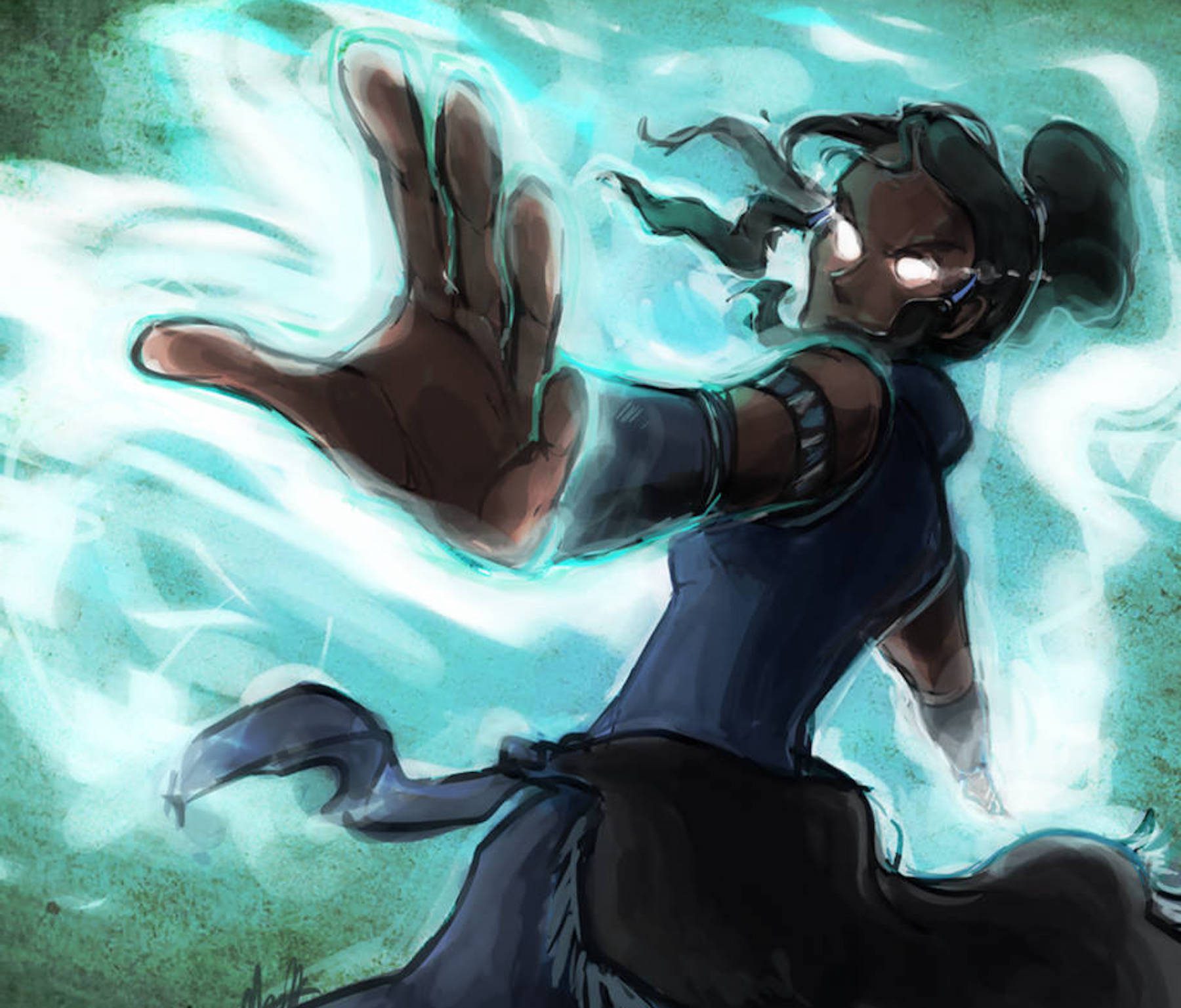 Energybending from Avatar The Last Airbender franchise. Character with illuminated eyes wielding power while blue energy waves encircle them.