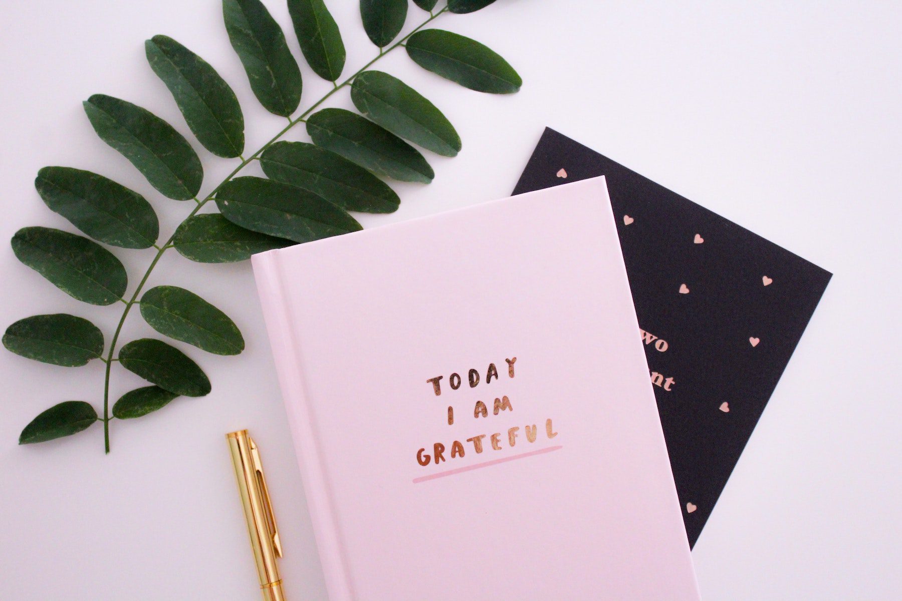 A pink gratitude journal stacked on another journal, flatlay with office supplies and greenery.
