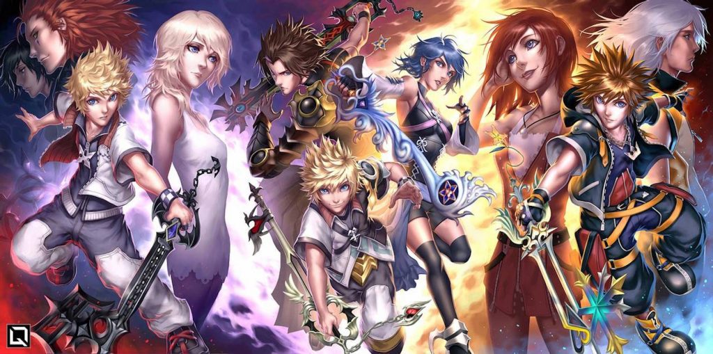 Kingdom Hearts characters posing in action sequences against fiery background.