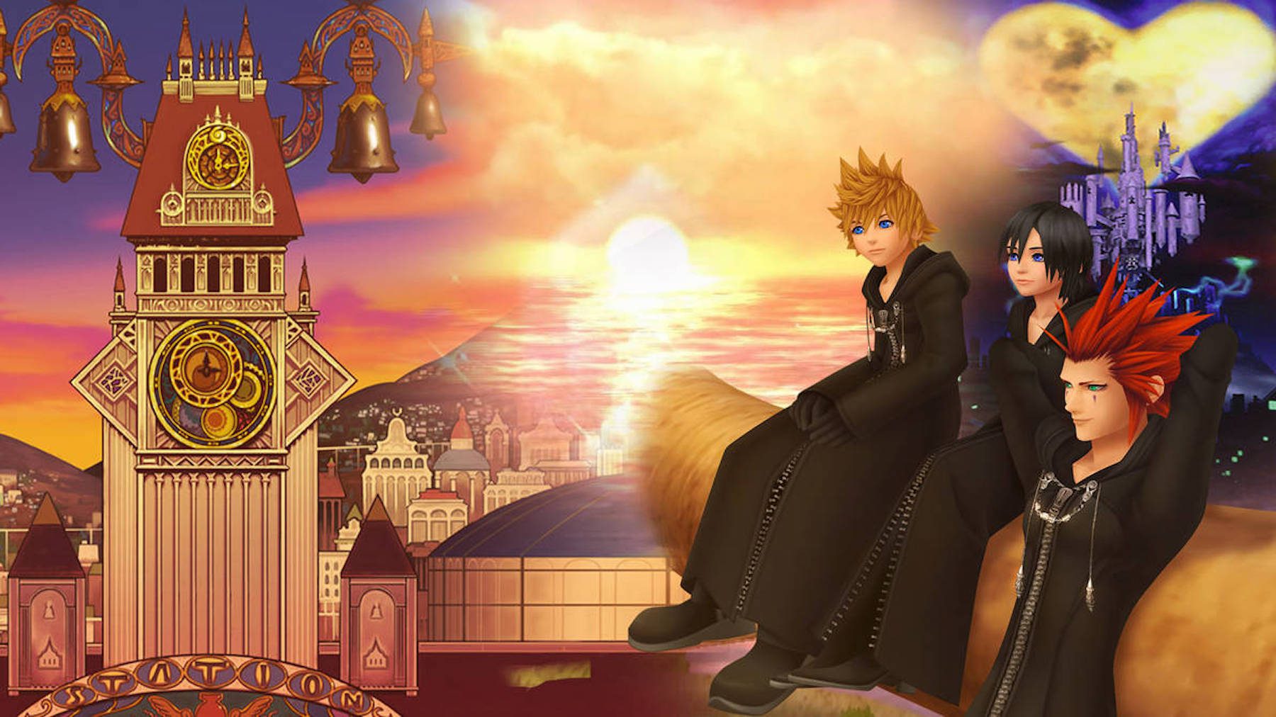 Roxas, Axel, and another main character from 358/2 Days sit on a ledge in front of the sunset.