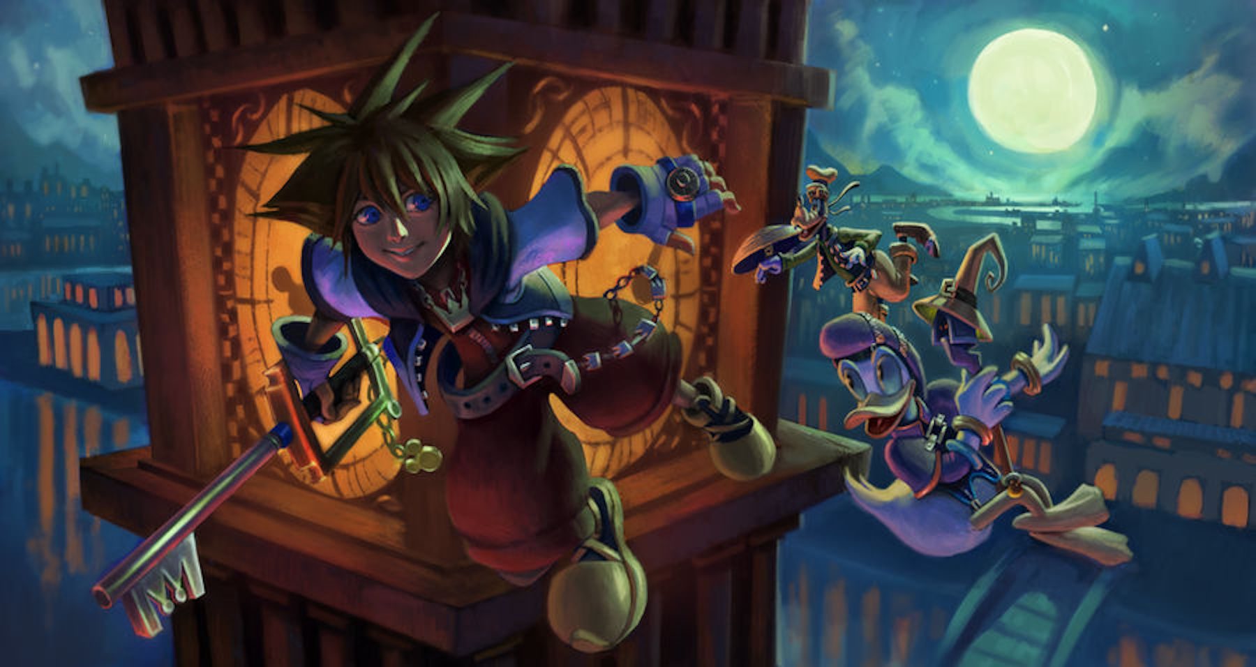 Sora, Goofy, and Donald Duck flying in Peter Pan's England in Kingdom Hearts.
