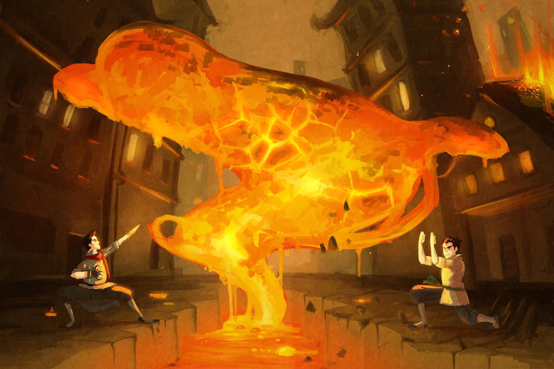 Two characters lavabending, causing lava to swirl between them.
