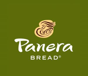 Panera bread logo, figure holding bread on green background.