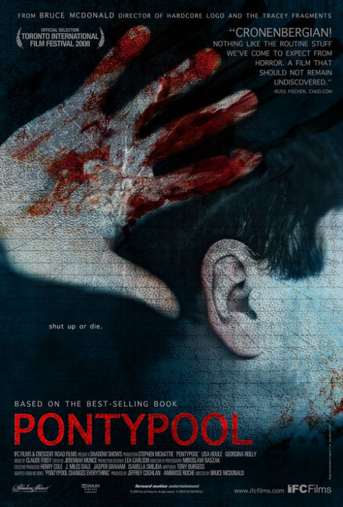 Pontypool (2008) movie poster. A bloodied hand pressed against a cracked screen next to one's ear make up the movie poster