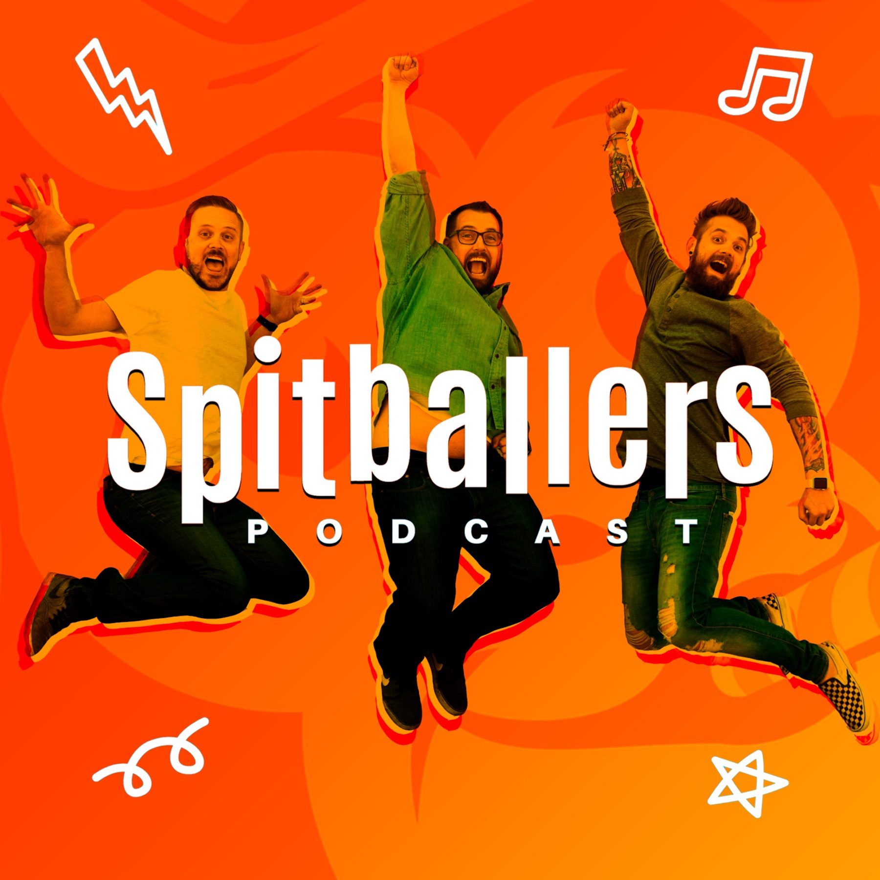 Spitballers Comedy Podcast cover, three hosts, all male, leaping into air against bright tangerine orange background.