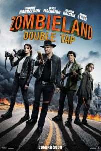 Official movie poster for Zombieland: Double Tap, dutch angle of cast prepared to fight looking serious amongst apocalyptic ruins.