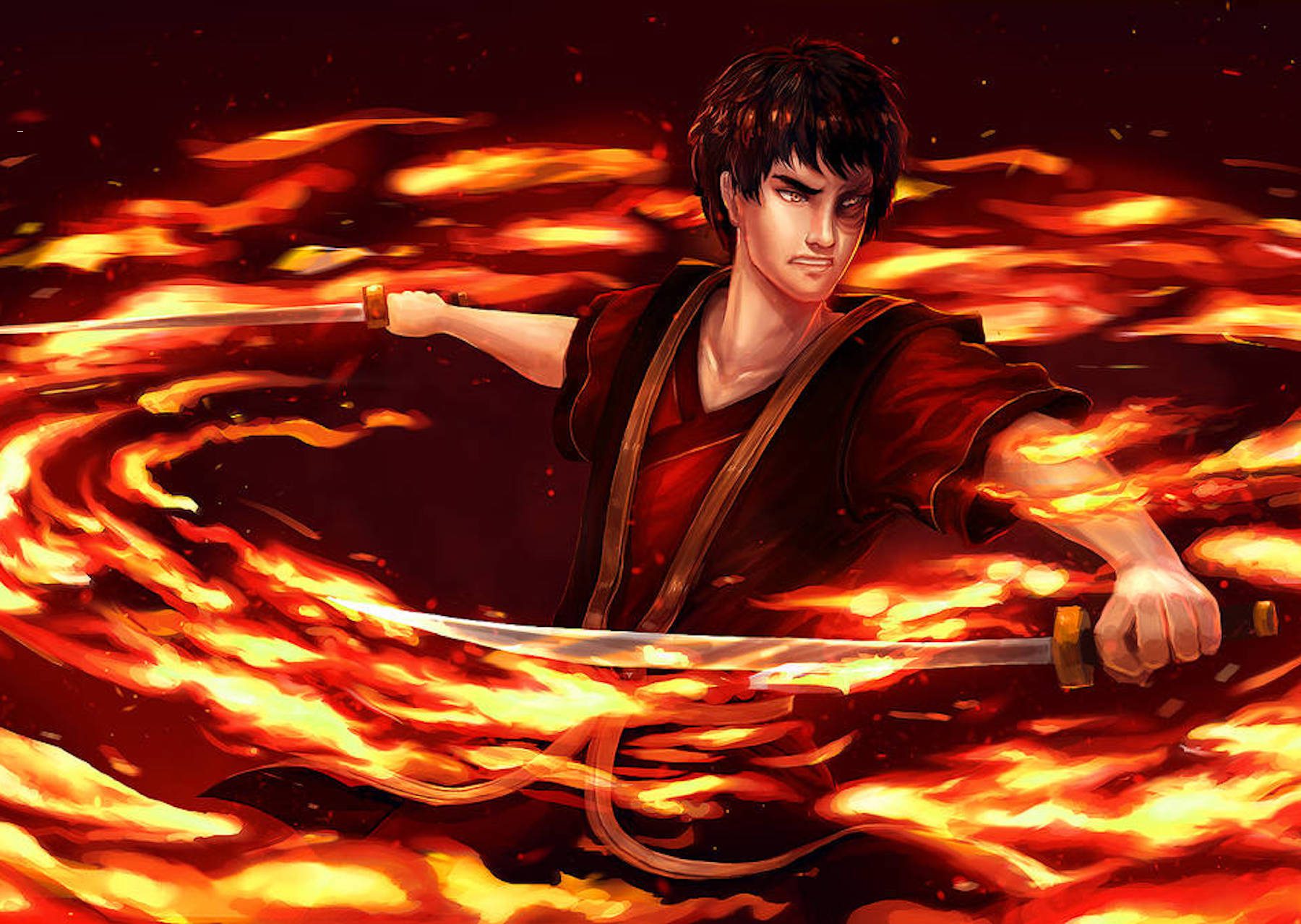 Zuko from Avatar franchise with depiction of firebending power.