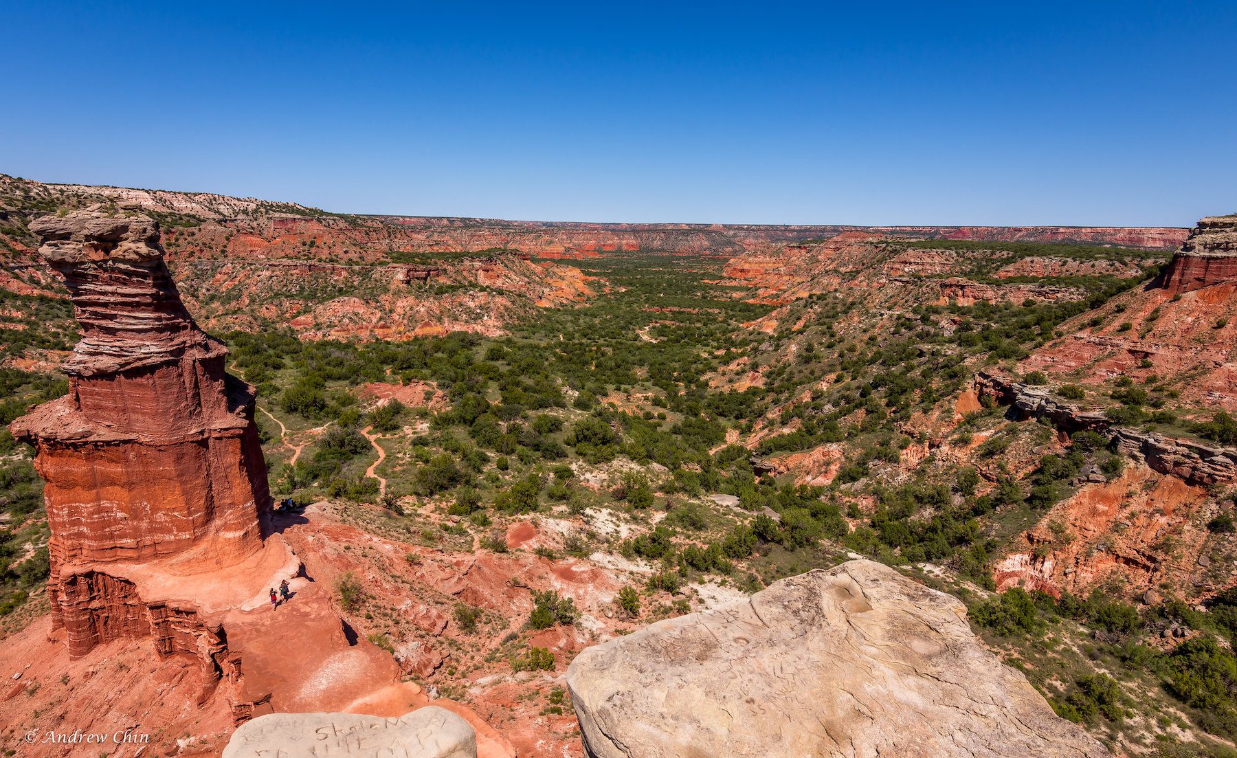 Green desert vegetation fills the canyons constituted of red rock cliffs at Palo Duro Canyon National State Parks, Texas
