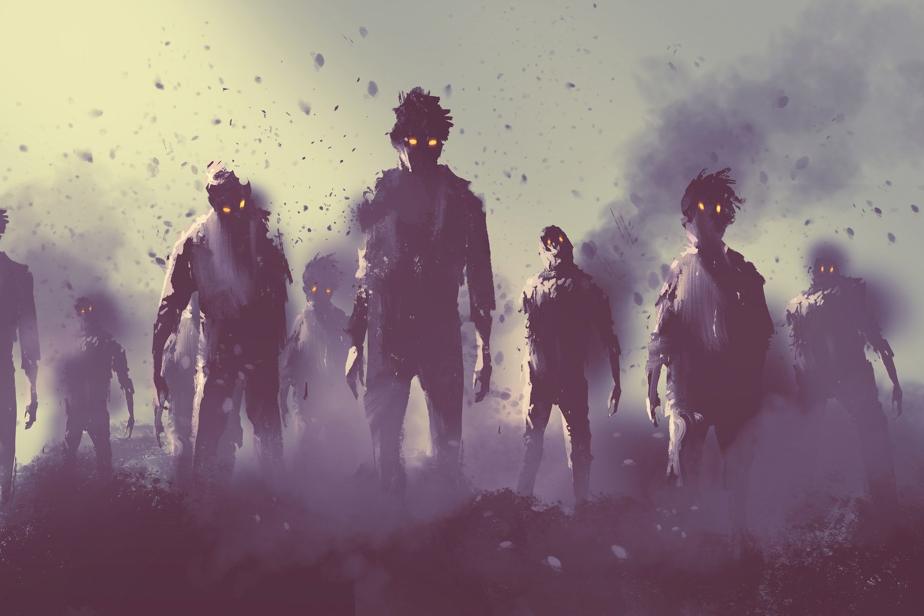A horde of zombies with red eyes approaching through smoke on a desolate apocalyptic landscape.