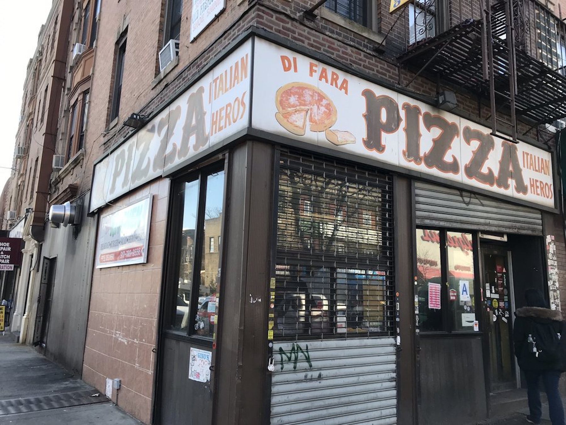 Exterior shot of the Di Fara pizza shop building in New York. 