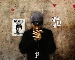 Fan art of rapper Eminem standing against a concrete wall with blood splatters and a Wanted poster.
