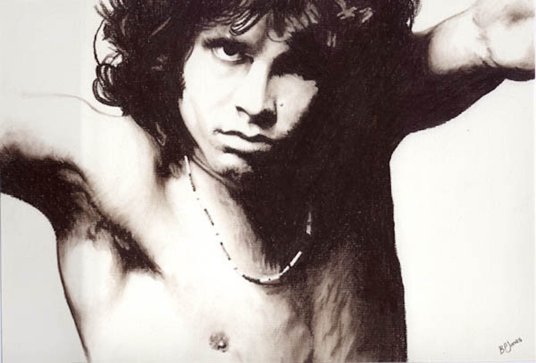 The Door's Jim Morrison pictured in black and white shirtless glaring back at the camera