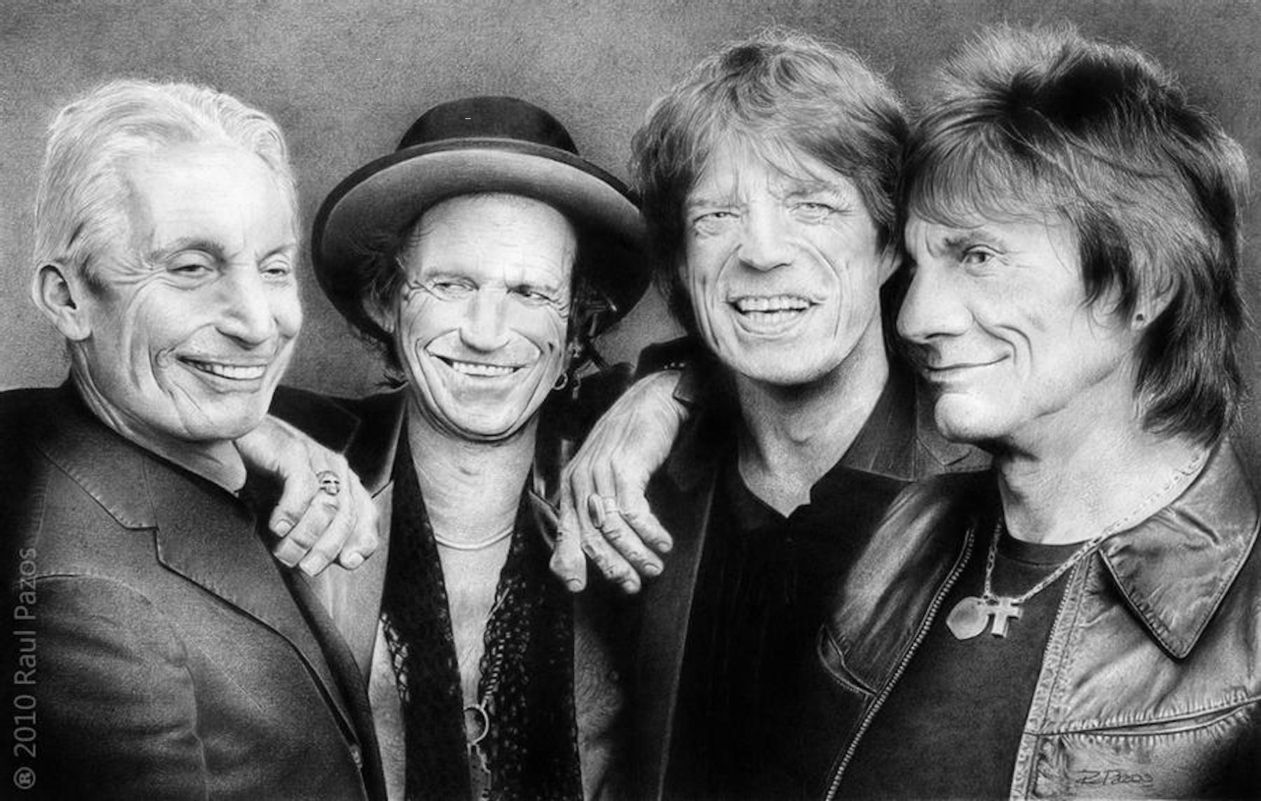 Pencil style drawing of Rolling Stones rock and roll members Charlie Watts, Keith Richards, Mick Jagger, Ronnie Woods