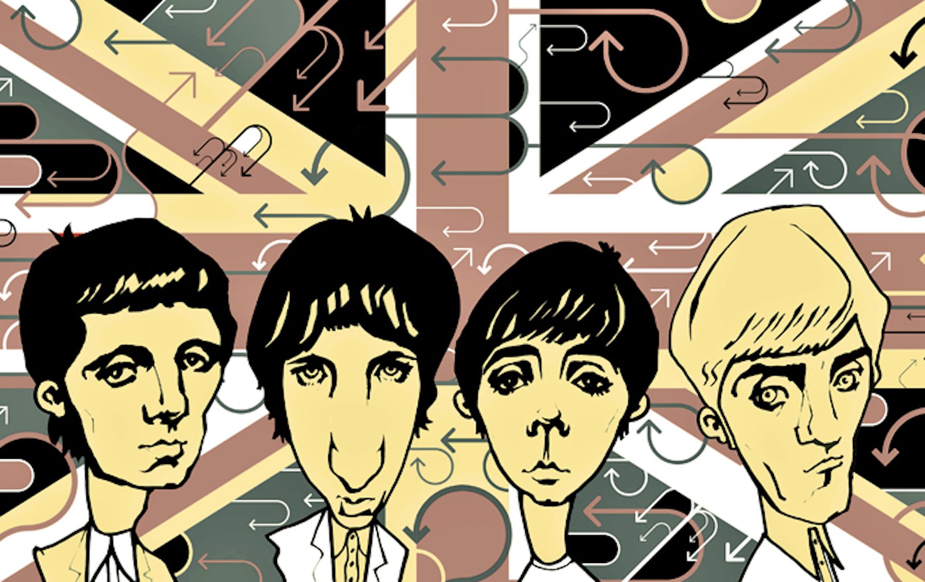 Rock and roll members of the who depicted in a cartoon style animation with an abstract version of the UK flag behind them. 