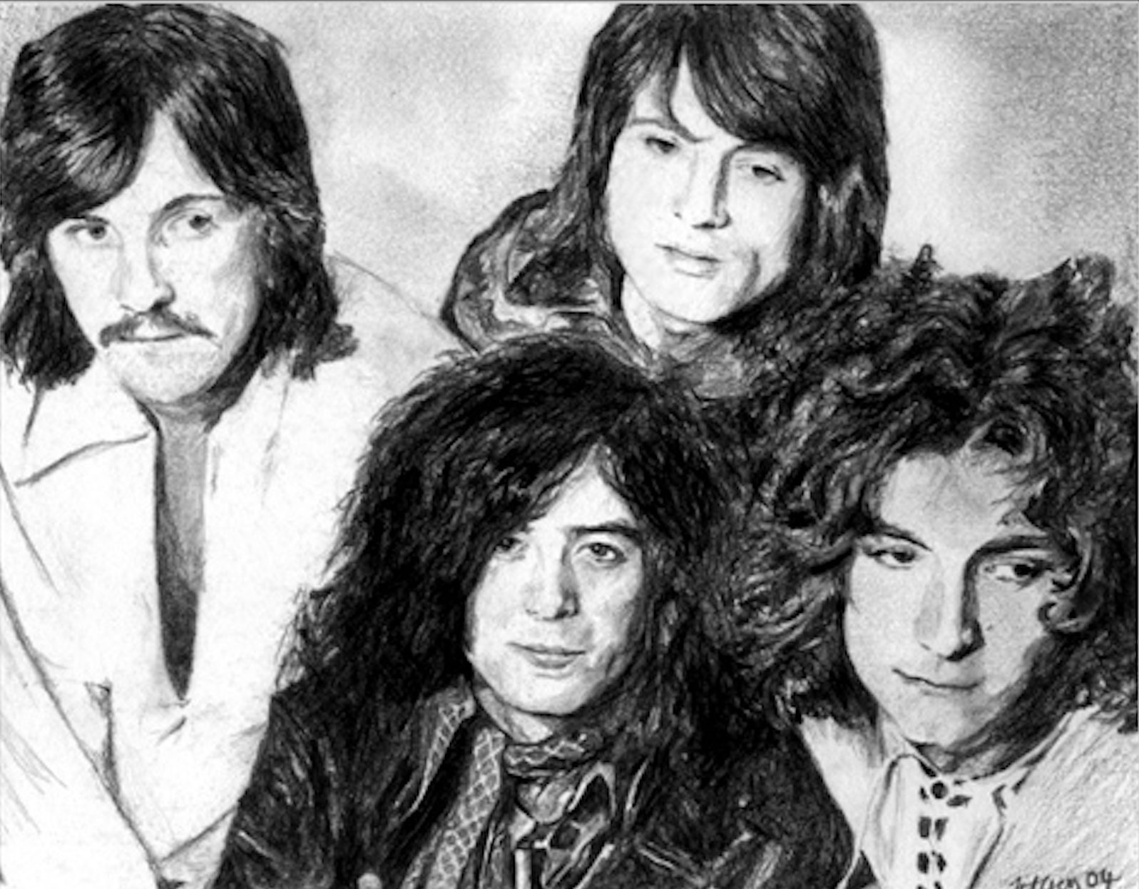 Led Zepplin Rock and Roll members in a pencil art style depicting Jimmy Page, Robert Plant, John Paul Jones, and  John Bonham