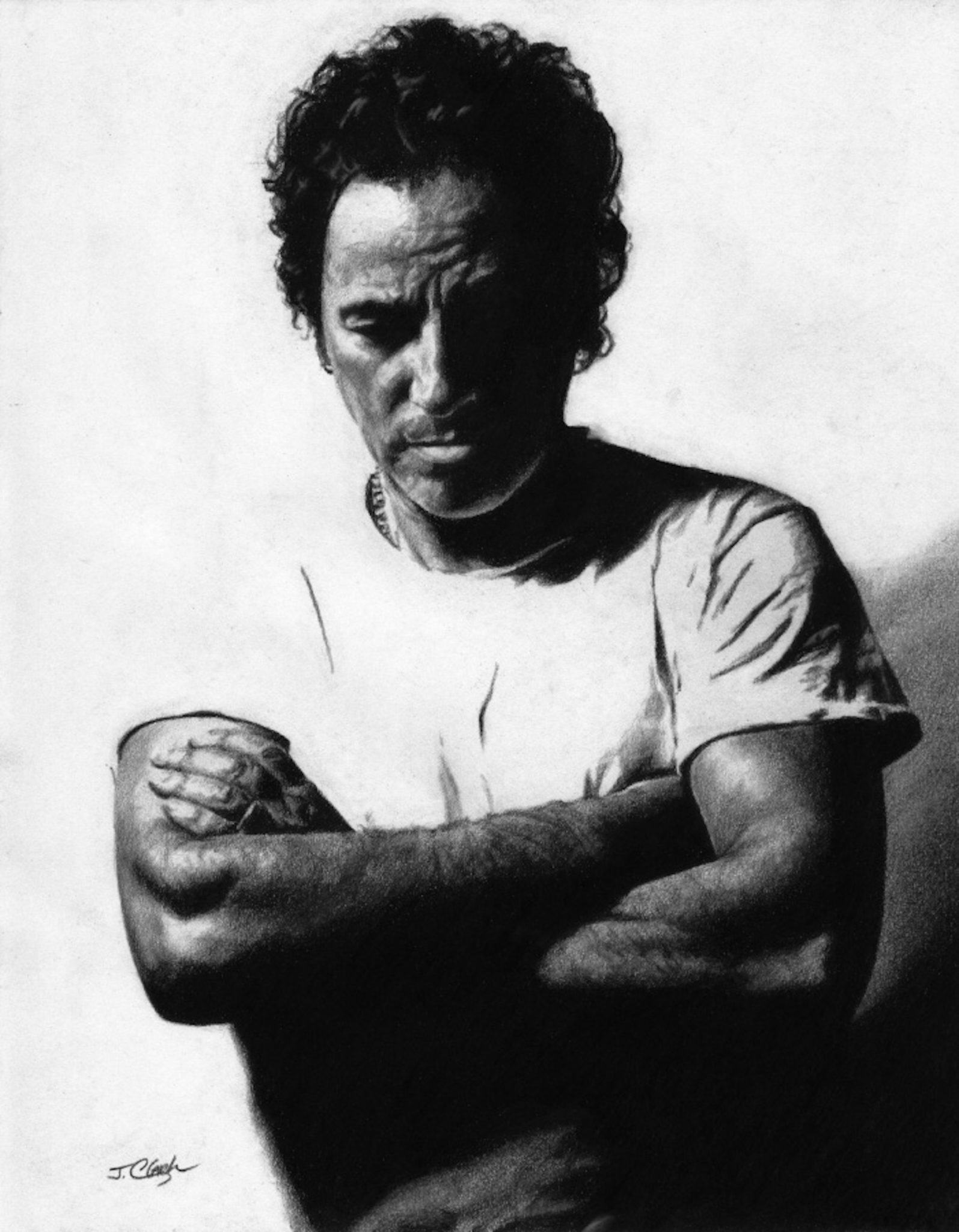 Rock and roll legend Bruce Springsteen depicted in a pencil sketch wearing a white t-shirt with his arms crossed