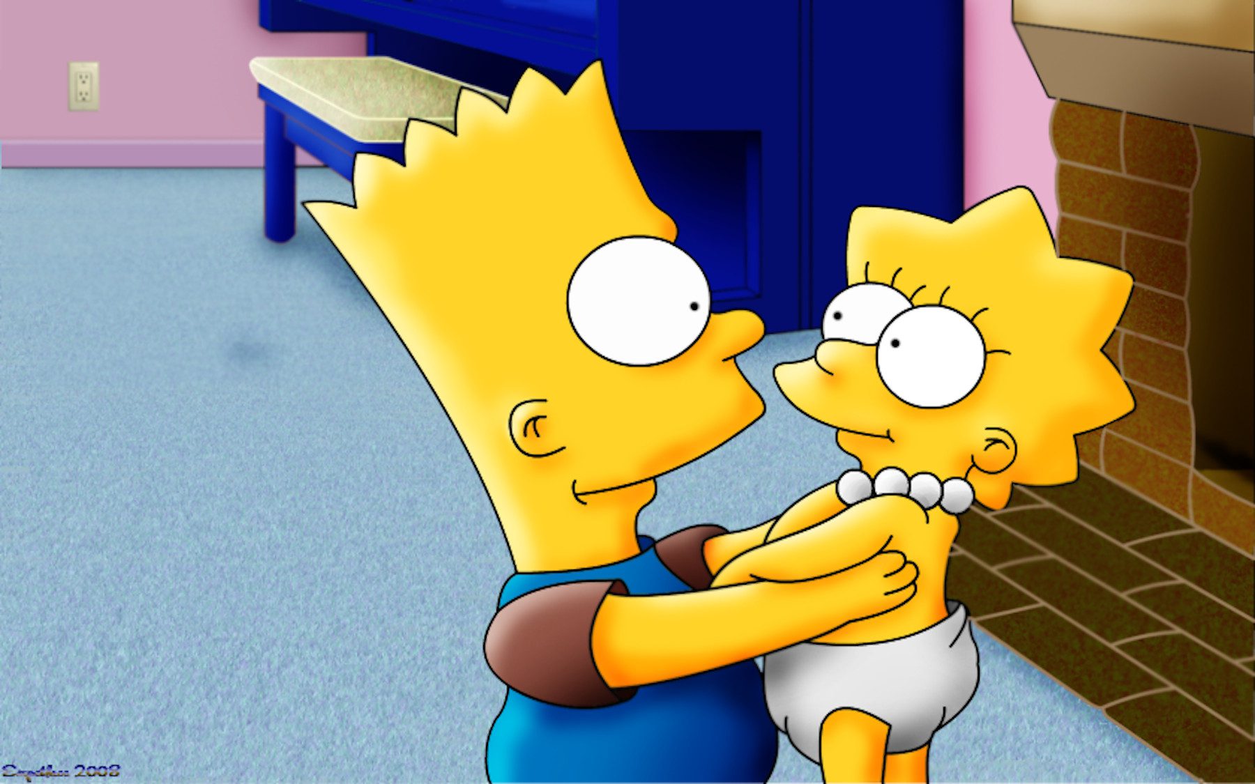Fan art of toddler Bart holding baby Lisa.