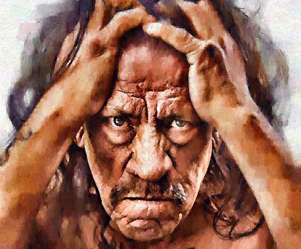 Danny Trejo, oil painting of the actor staring into camera intensely with hands in hair.
