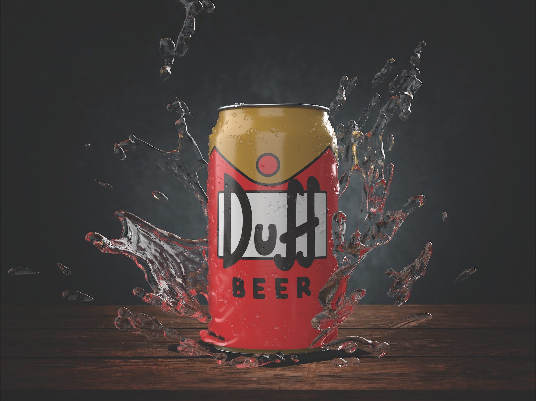 Photography of Duff Beer can energy drink splashing down into liquid on a wooden surface.