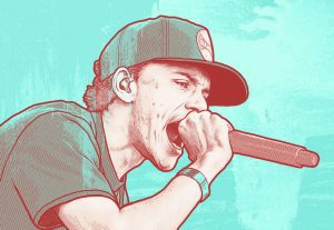 Fan art of Logic performing holding a microphone, light blue and red with sepia and gray tones.