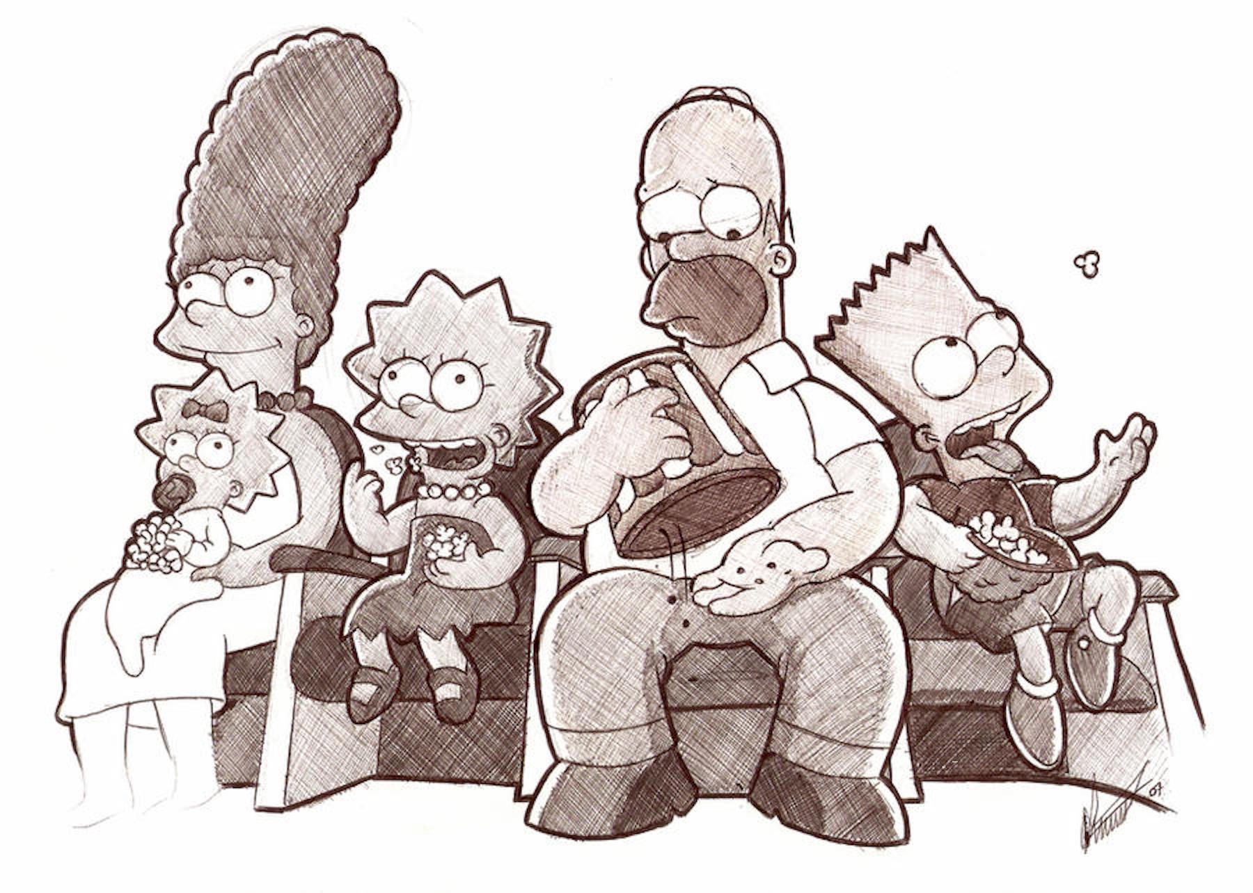 Fan art of the Simpsons family eating popcorn in theater seats, with Homer looking sad it's all gone.