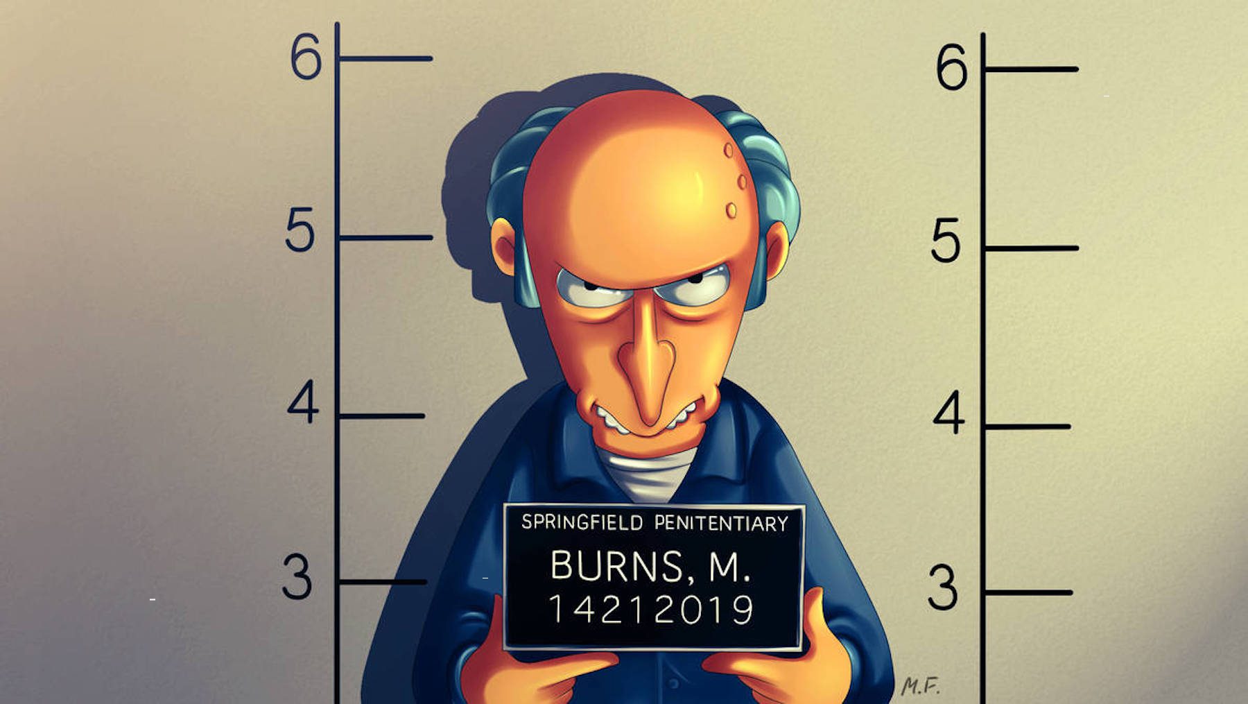 Fan art of Mr. Burns getting a mugshot taken at Springfield Penitentiary.