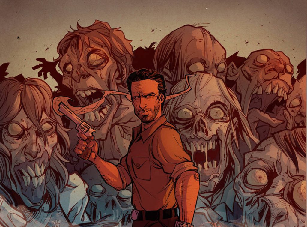 Fan art of The Walking Dead with large-scale illustrated zombies in the background and man posing with weapon in front.