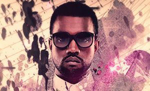 Fan art of Kanye west, composite collage with pink splatters, abstract art, and music sheets.