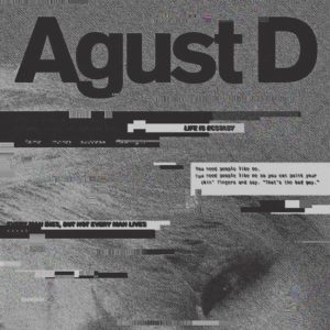 Agust D mixtape cover, black, gray, and white.