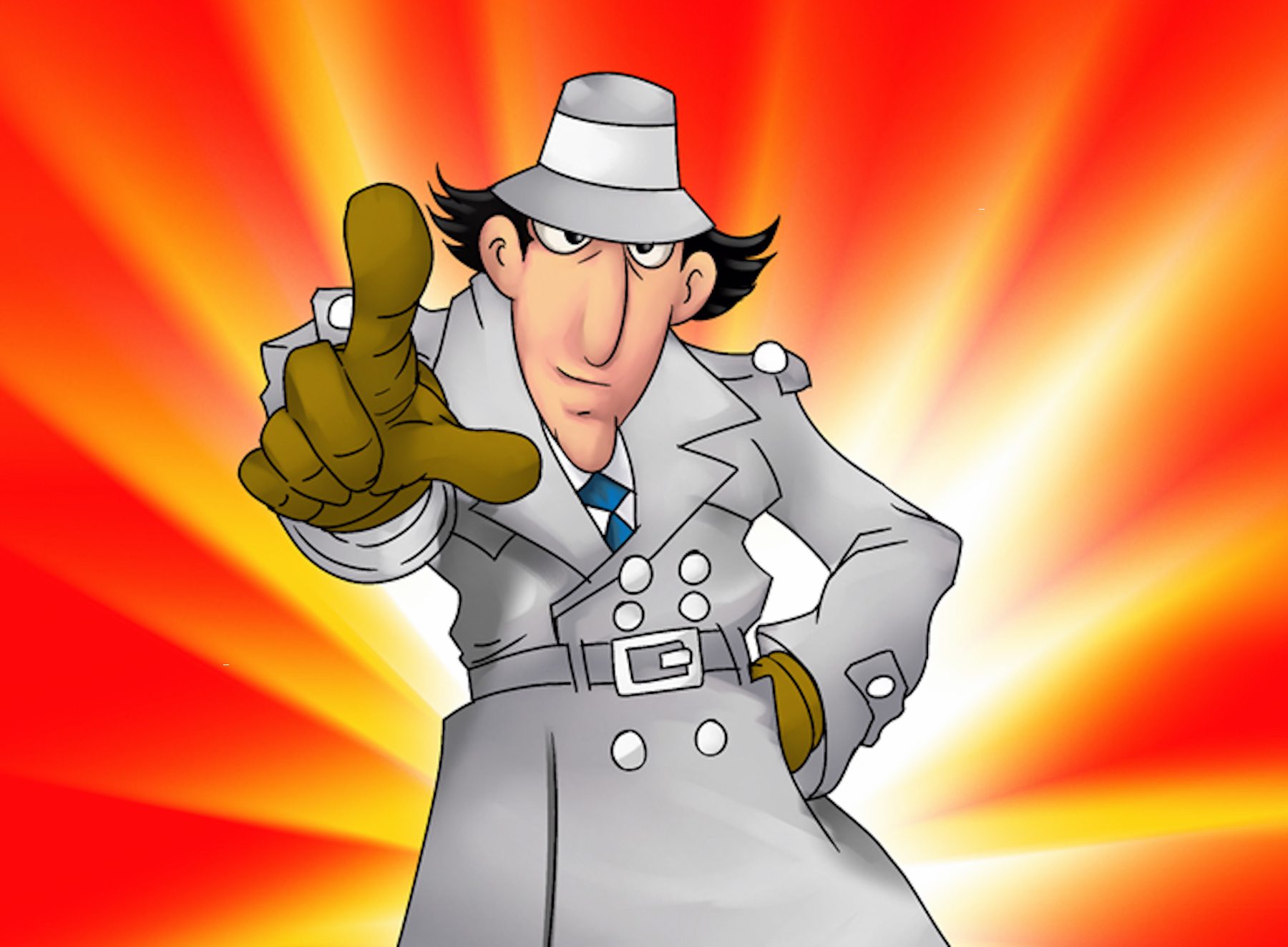 Inspector Gadget from the popular 80s cartoon of the same name, posing against a red and yellow burst background.