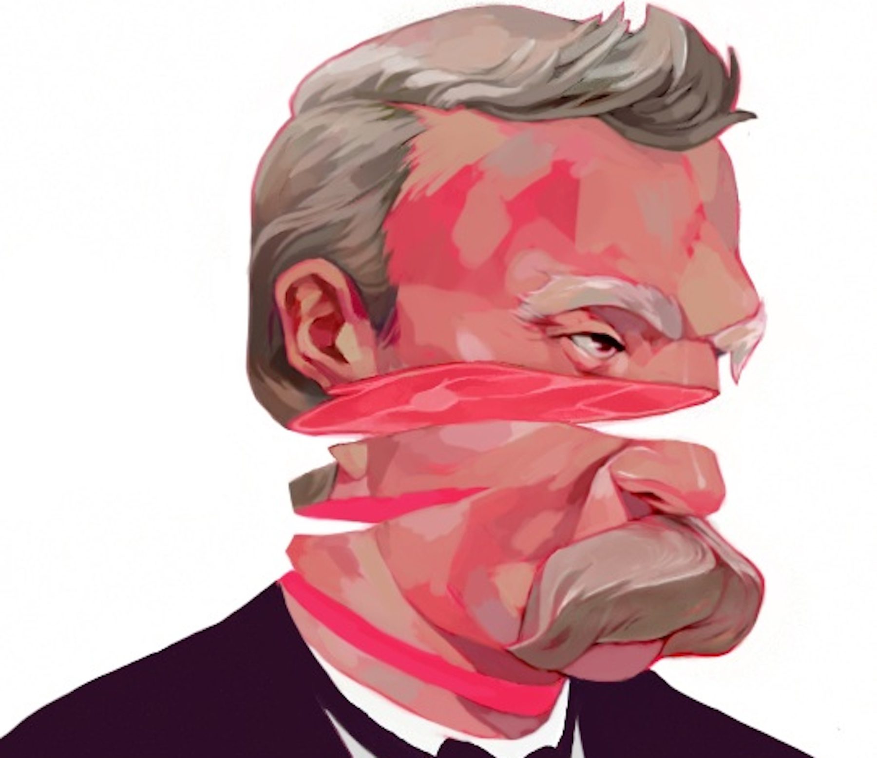 Abstract of philosopher Nietzsche, with head appearing sliced into segments as he stares off into distance. 